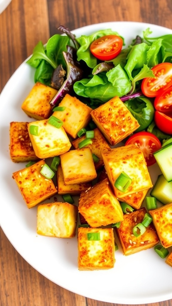 Crispy Air Fryer Tofu Recipe Crispy air fryer tofu cubes garnished with green onions and sesame seeds on a plate with a fresh salad.